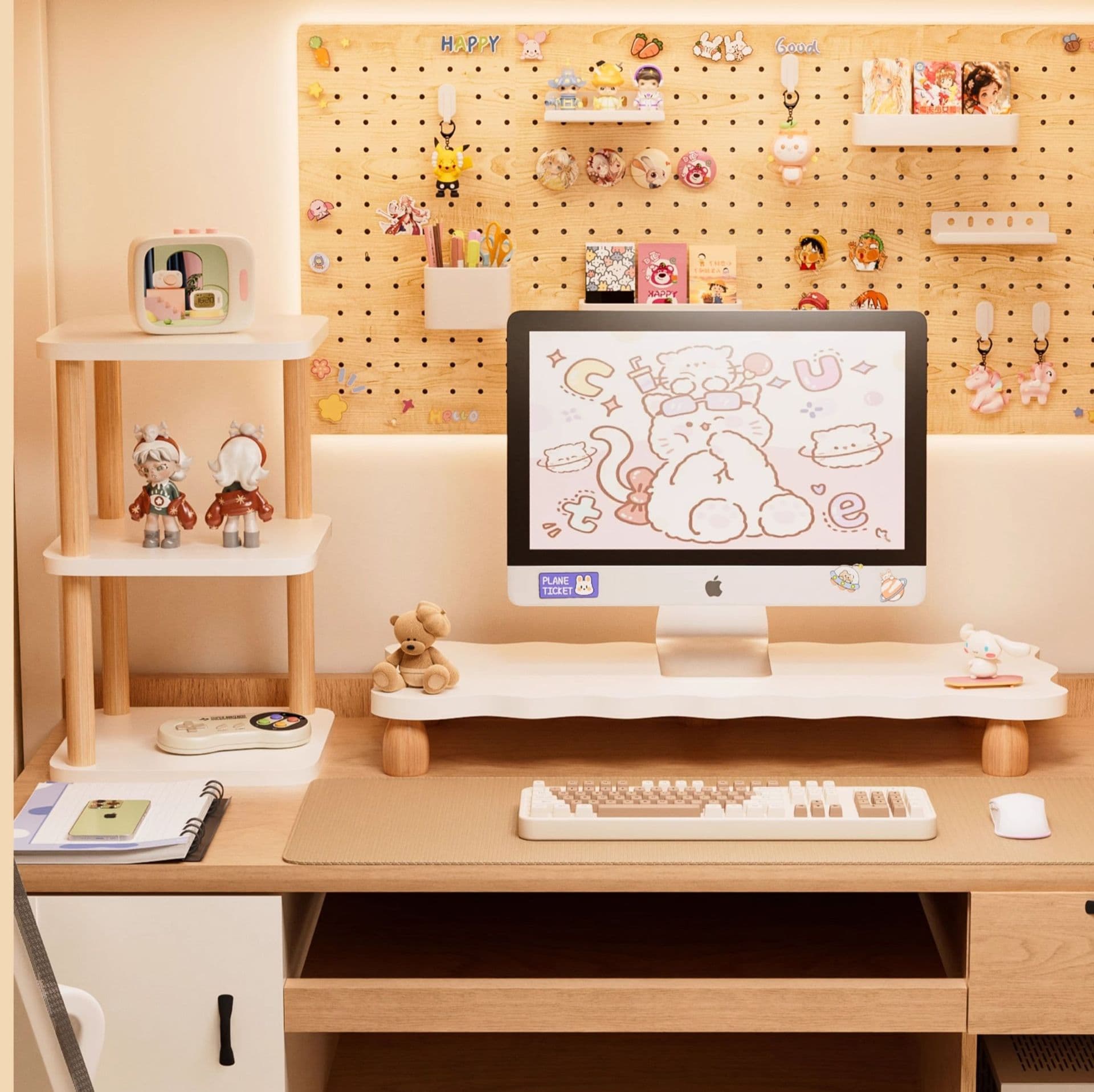 パソコンスタンド 木製モニター台 波型デザイン