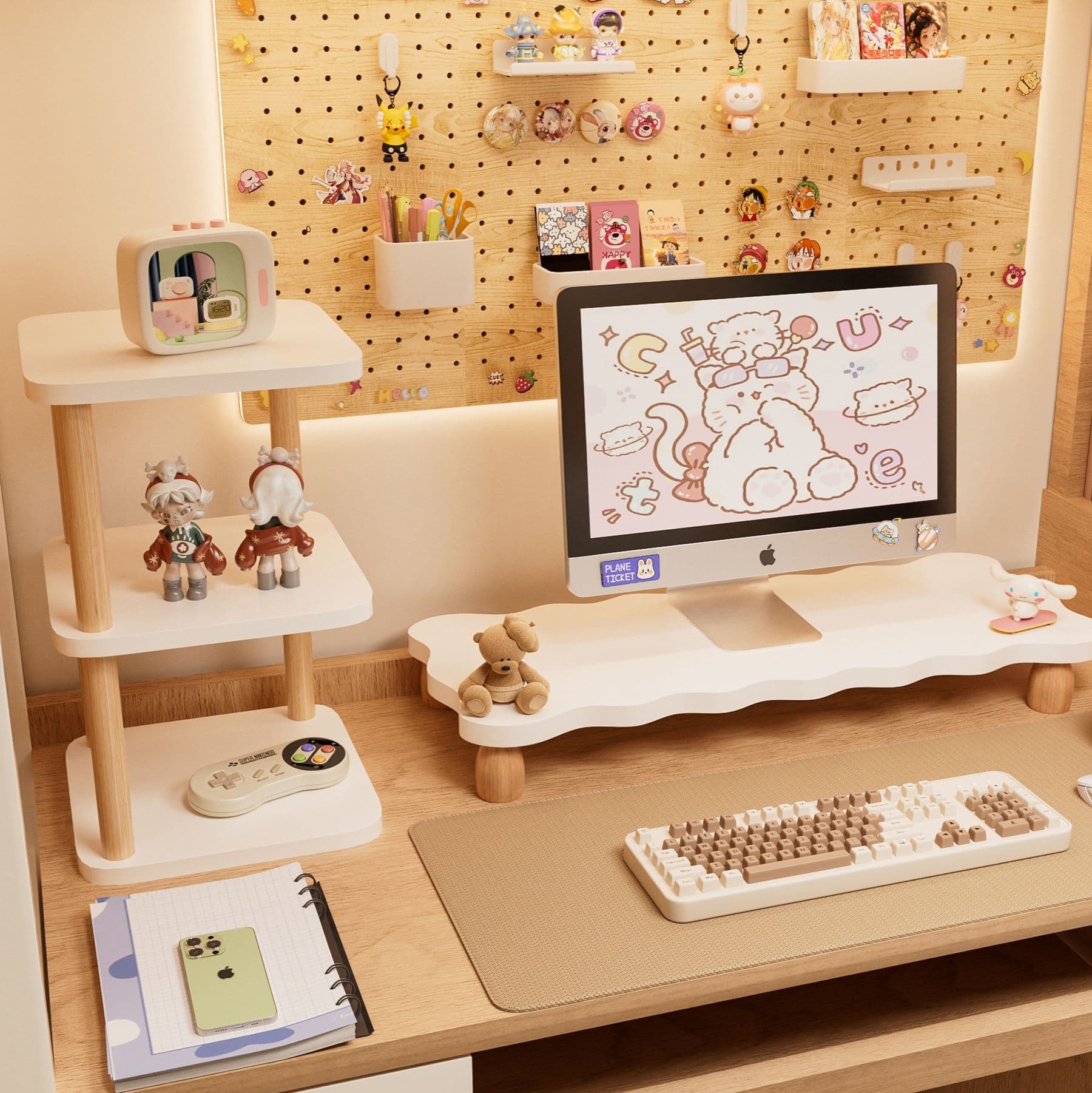 パソコンスタンド 木製モニター台 波型デザイン